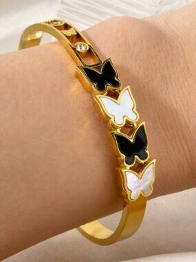 Exquisite Geometric Black and White Butterfly-Accented Stainless Steel Bracelet